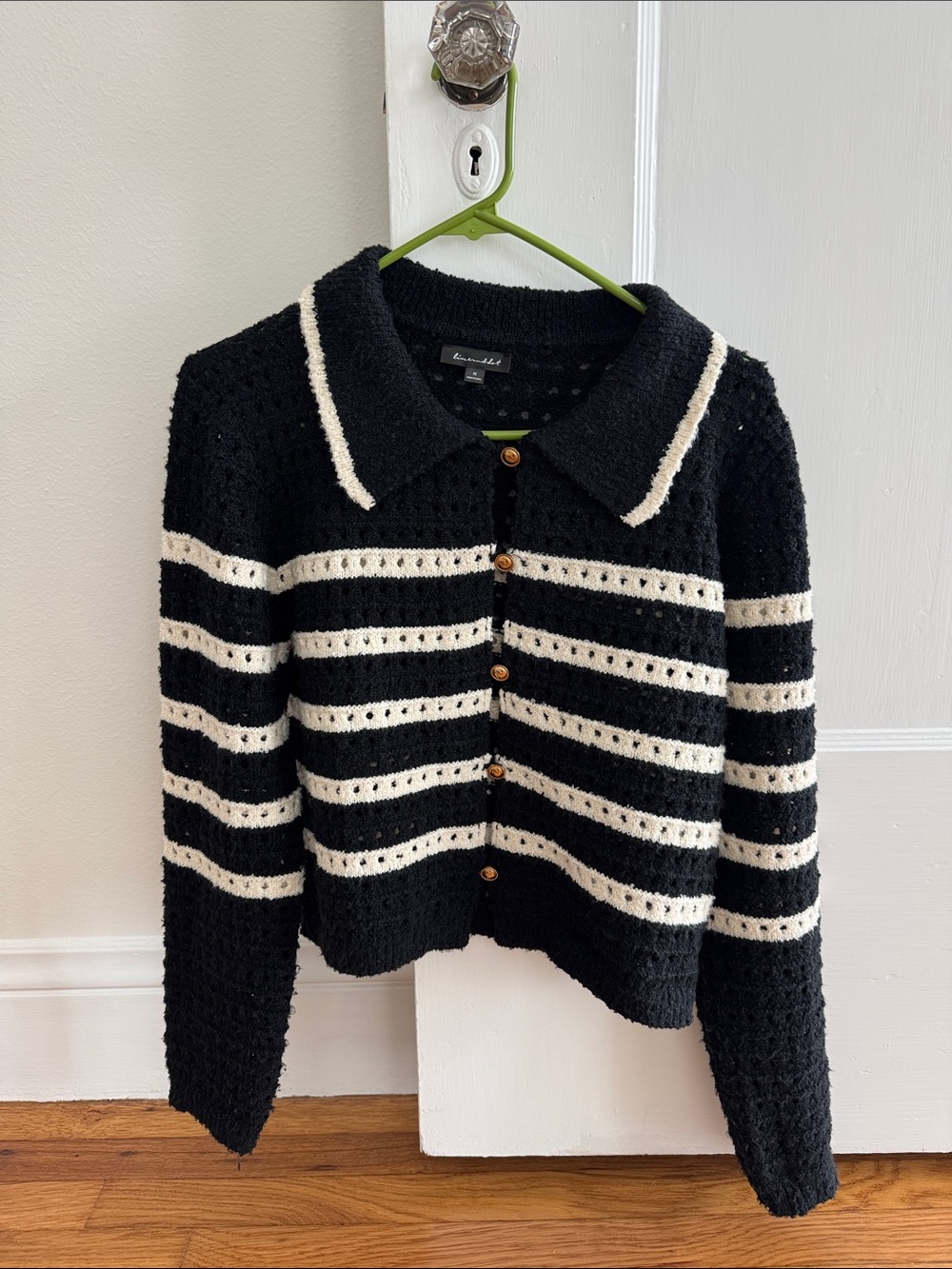 Line & Dot Black and Cream Striped Crochet-Style Button Cardigan